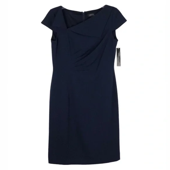 Tahari ASL Dresses Tahari Asl Navy Asymmetric Collared Sheath